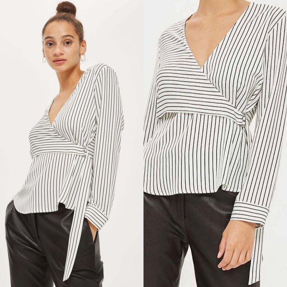 Topshop Striped Black White Wrap Blouse 2